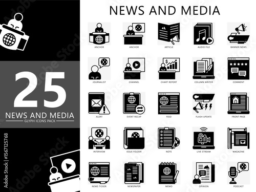 News and media glyph icons set. contain anchor, journalist, article, channel, interview, issue, note, magazine, banner, feed and more. Vector for UI, UX kit, web and app journalism, broadcasting.