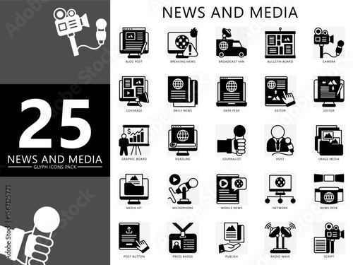 News and media glyph icons set. contain blog, breaking news, broadcast van, host, headline, editor, camera, microphone, script and more. Vector for UI, UX kit, web and app journalism, broadcasting.