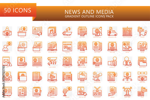 News and media gradient icons set. contain anchor, note, article, breaking news, feed, camera, editor, video, post, magazine and more. Vector for UI, UX kit, web and app journalist, broadcasting.