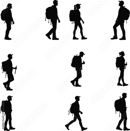 Eight hikers silhouettes walking outdoors backpacks