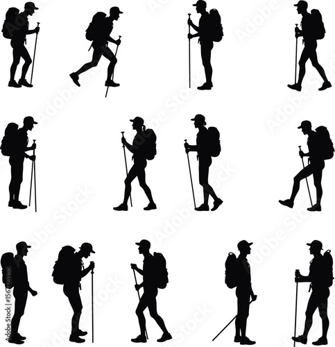 Hikers backpackers trekking silhouette collection
