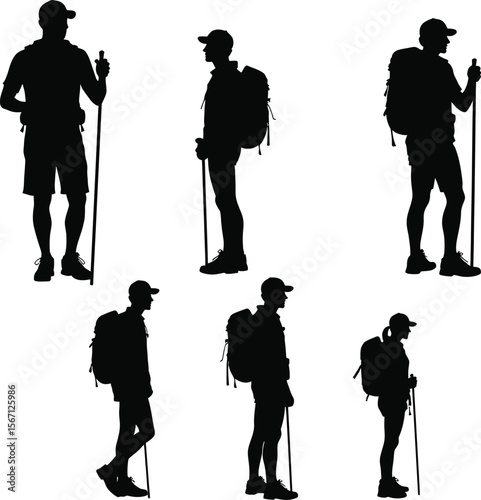 Hiking silhouettes men women backpacks trekking poles