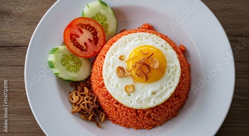 Delicious Fried Rice (Nasi Goreng) with Sunny-Side Up Egg and Sliced Sausage