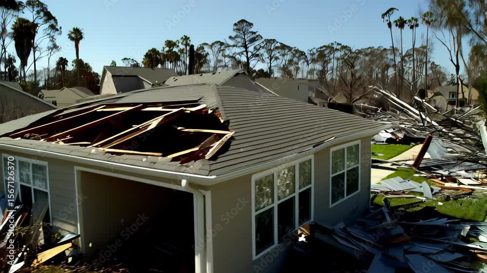 Destroyed residential area with houses and debris scattered across green lawns after a natural disaster. Concept of natural disaster aftermath