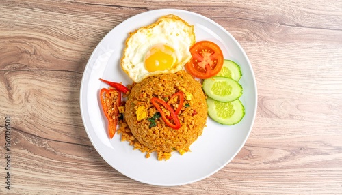 Delicious Fried Rice (Nasi Goreng) with Sunny-Side Up Egg and Sliced Sausage