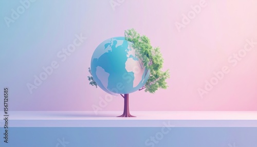 Stylized Earth and Tree Representation on Gradient Background Illustrating Environmental Conservation and Global Harmony