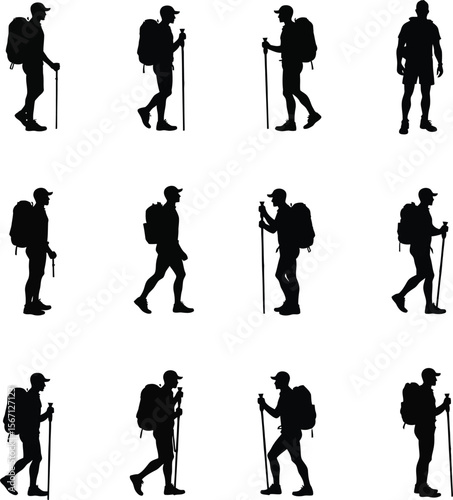 Hiking backpacker silhouettes trekking nature outdoors adventure