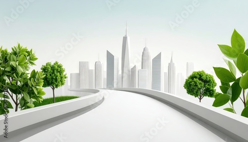 White Modern Cityscape With Green Foliage And A Leading Road Under Clear Sky