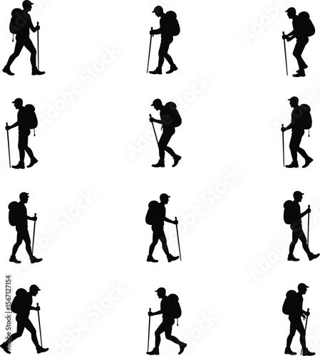 Hiking silhouettes backpackers trekking nature outdoors