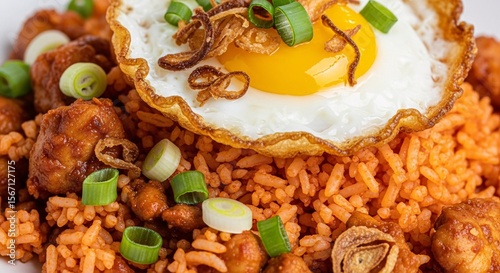 Delicious Fried Rice (Nasi Goreng) with Sunny-Side Up Egg and Sliced Sausage