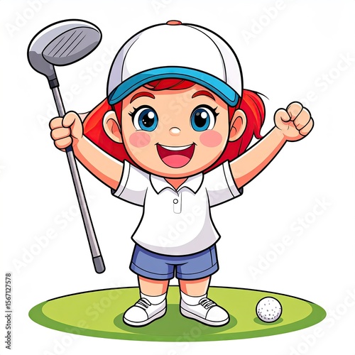 Young Woman Celebrating Golf Success Holding Club On White Backdrop Showing Enthusiasm And Joyful Expression