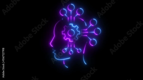 Glowing gear setting symbol on neon server room background representing the development of artificial intelligence technology in modern environment, animation