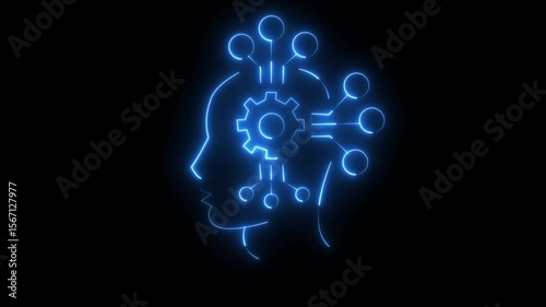 Glowing gear setting symbol on neon server room background representing the development of artificial intelligence technology in modern environment, animation