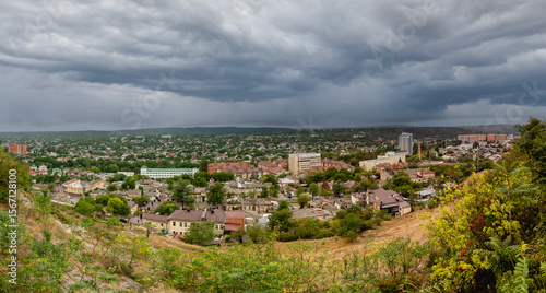 View from the observation deck of Pyatigorsk on cloudy autumn day. Clouds over the city