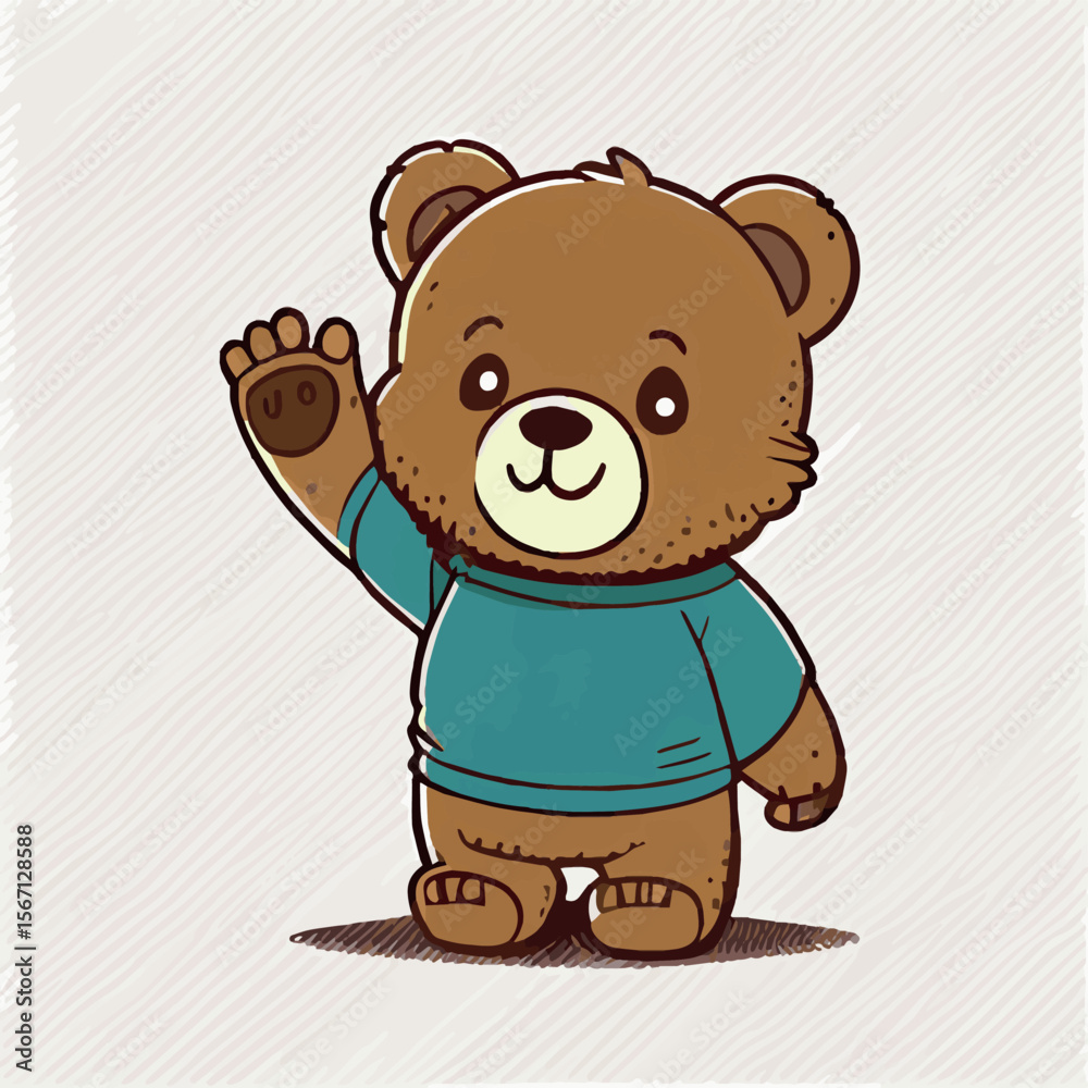 Obraz premium Little cute bear doll waving its paw on a white background - Vector illustration