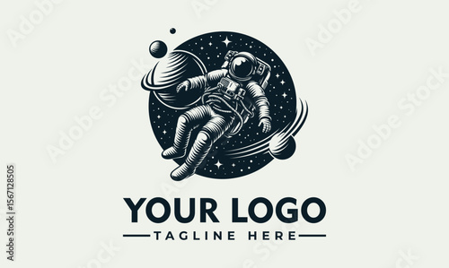 An astronaut floats in space with planets and stars inside a circular emblem.