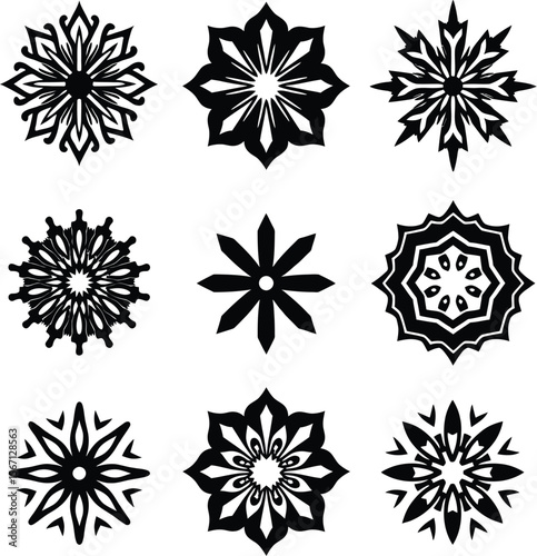 Nine black and white floral silhouettes mandala designs