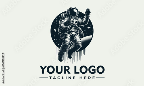 Astronaut in space, vintage style logo design, floating, starry background, monochrome.