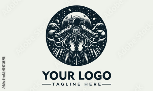 Astronaut logo design, floating in space, surrounded by cosmic elements.