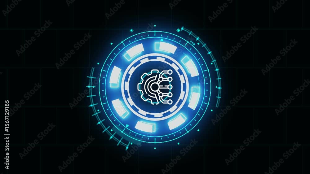 Futuristic neon tech interface cyber technology circle dashboard setting, virtual machine learning icon AI digital processing artificial intelligence system icon, setting animation idea