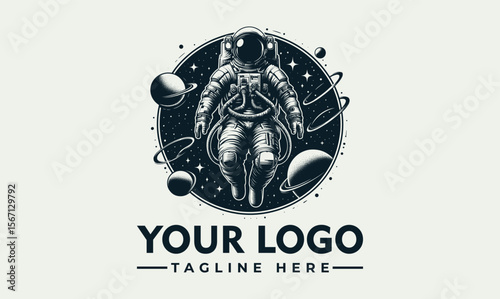 Astronaut floating in space, surrounded by planets, a logo design.