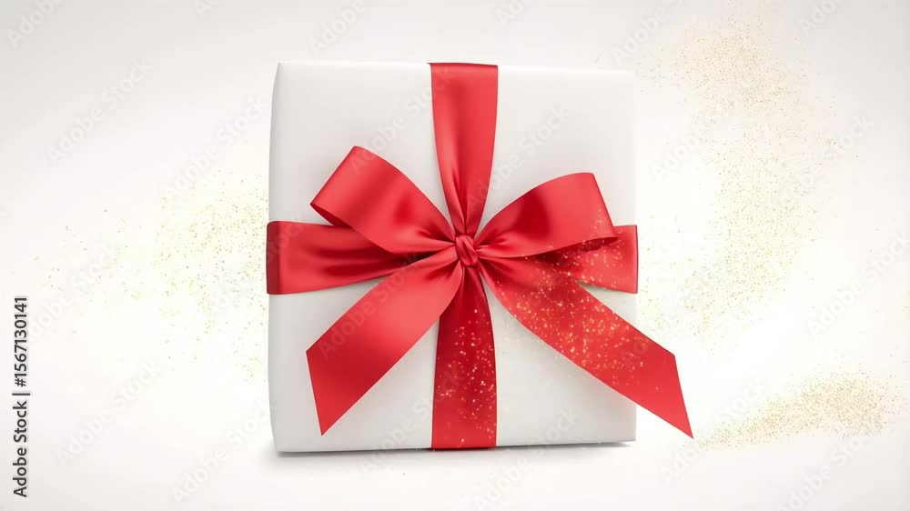 White gift box wrapped with red ribbon on neutral background 