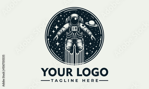 Astronaut in space, vintage logo design, cosmic exploration, circular emblem.
