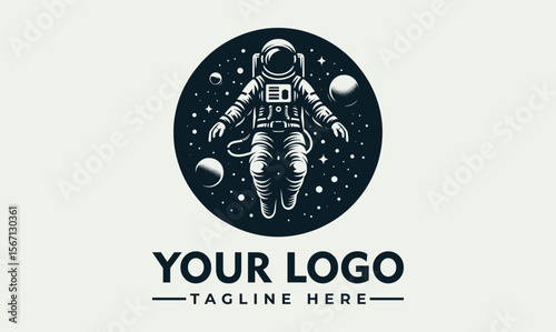 An astronaut floats in space, surrounded by planets and stars, within a circular design.