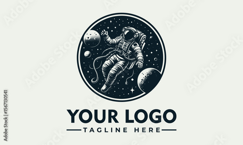 An astronaut floats in space surrounded by planets and stars, contained within a circular design.