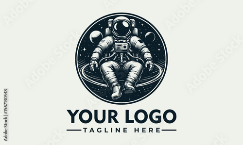 Vintage style logo featuring a seated astronaut in space, surrounded by planets and stars.