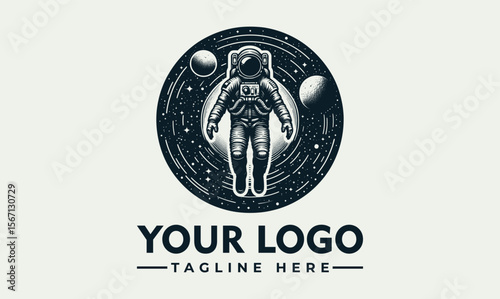 Astronaut floating serenely amidst swirling nebula and planets within a circular logo design.
