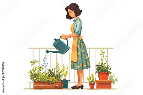 Middle-aged woman watering plants on a sunny isolated