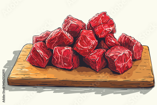 meat beef cubes on chopping board isolated