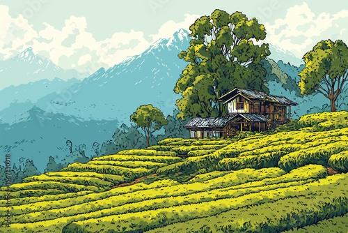 Peaceful tea plantation in the mountains isolated