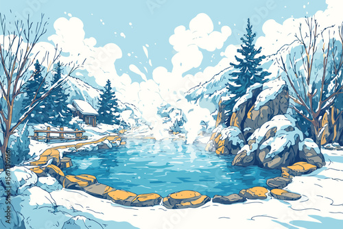 Thermal hot spring with rising steam in isolated