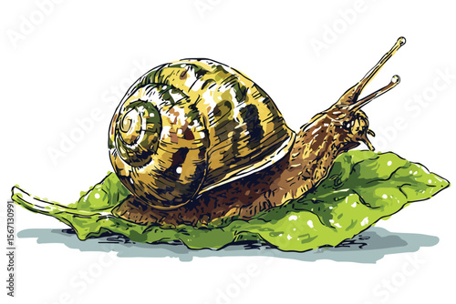 Snail eating green leaf isolated