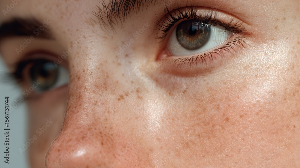 Fototapeta premium Close up of woman's face with freckles and hazel eyes for beauty and skincare concepts