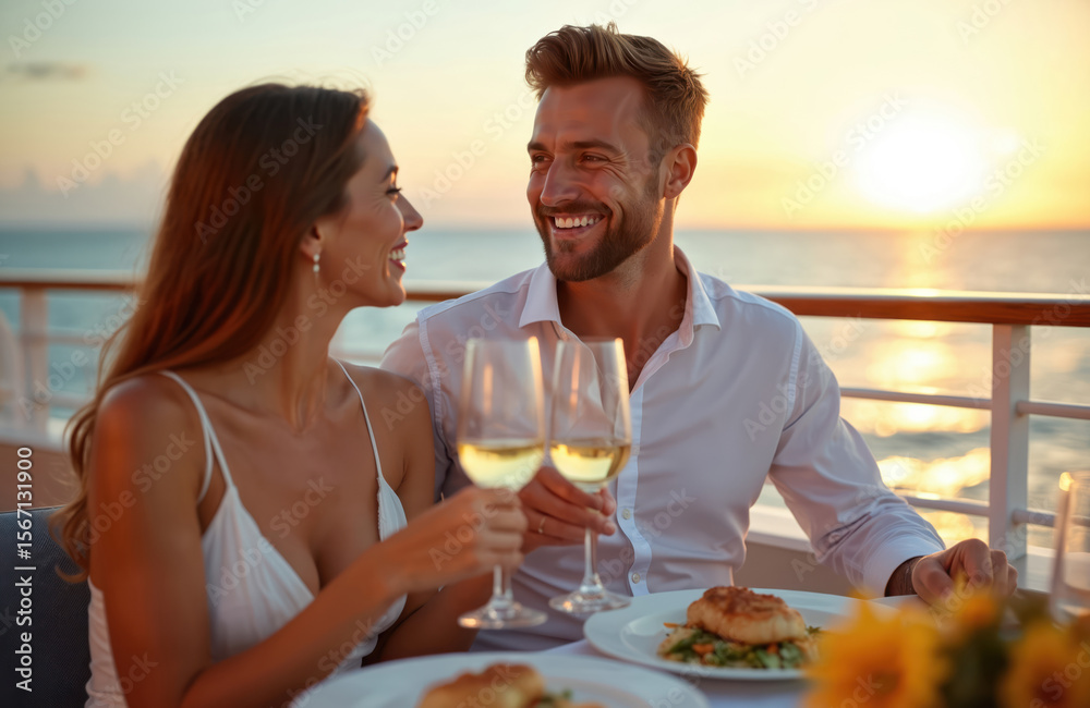 Obraz premium Couple enjoys romantic dinner cruise, sunset views. Toasting wine glasses, smiling at each other. Luxury travel, vacation concept. Paradise, relationship, love, romance, leisure.