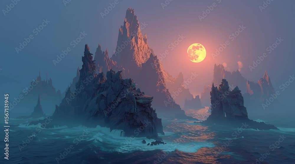 Epic Sea Stacks in a Dramatic Ocean Under a Glowing Full Moon