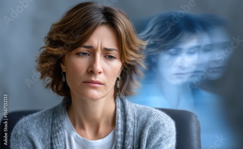 Split personality conflict: mental fracture, identity division, inner paradox, emotional split, cognitive rift, dissociative state, internal clash, dual persona, self contrast psychological dissonance