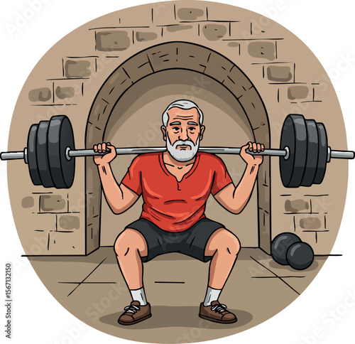 Elderly man weightlifting exercise in stone arch gym fitness training vector illustration 