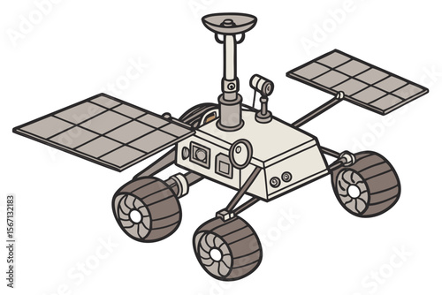 Isometric Illustration of a Solar Powered Rover Exploring on a Distant Planet Equipped with Advanced Scientific Equipment and Large Wheels