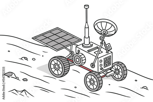 Detailed Line Art of a Lunar Rover Exploring the Surface of the Moon with Scientific Equipment