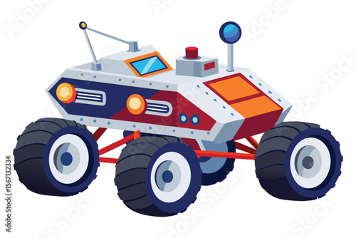 A Colorful Cartoon Mars Rover Vehicle Exploring the Red Planet with Advanced Technology and Rugged Wheels