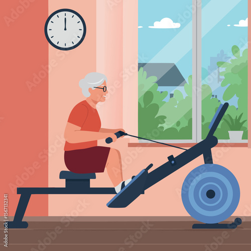 Senior woman exercising on rowing machine in home gym interior with large window 