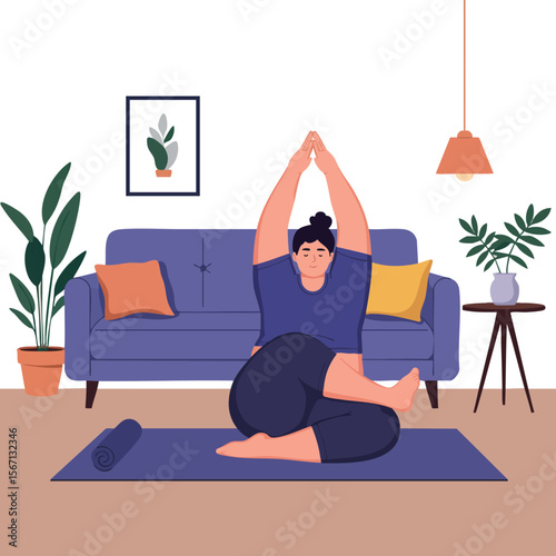Woman practicing yoga at home in living room with plants and modern decor vector illustration 