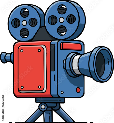 Vintage movie camera illustration with blue and red colors on tripod vector 