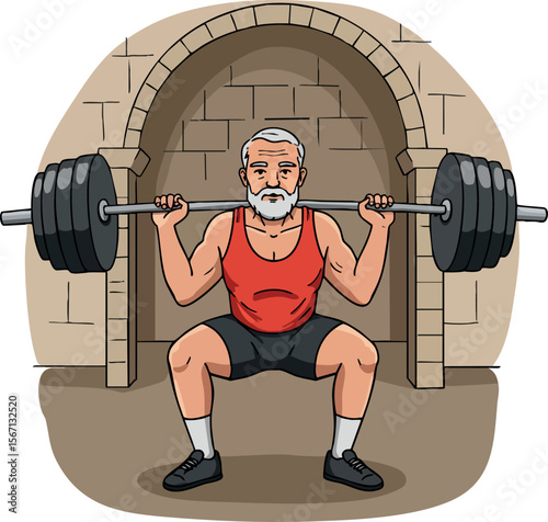 Elderly man weightlifting with heavy barbell in arched stone gym background vector illustration 