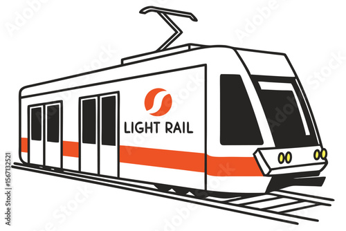 Clean Line Art Depiction of a Modern Light Rail Train with Bold Branding and Streamlined Design on Tracks