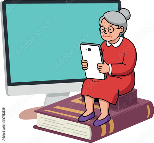 Elderly woman using tablet sitting on large book with computer screen background vector illustration 